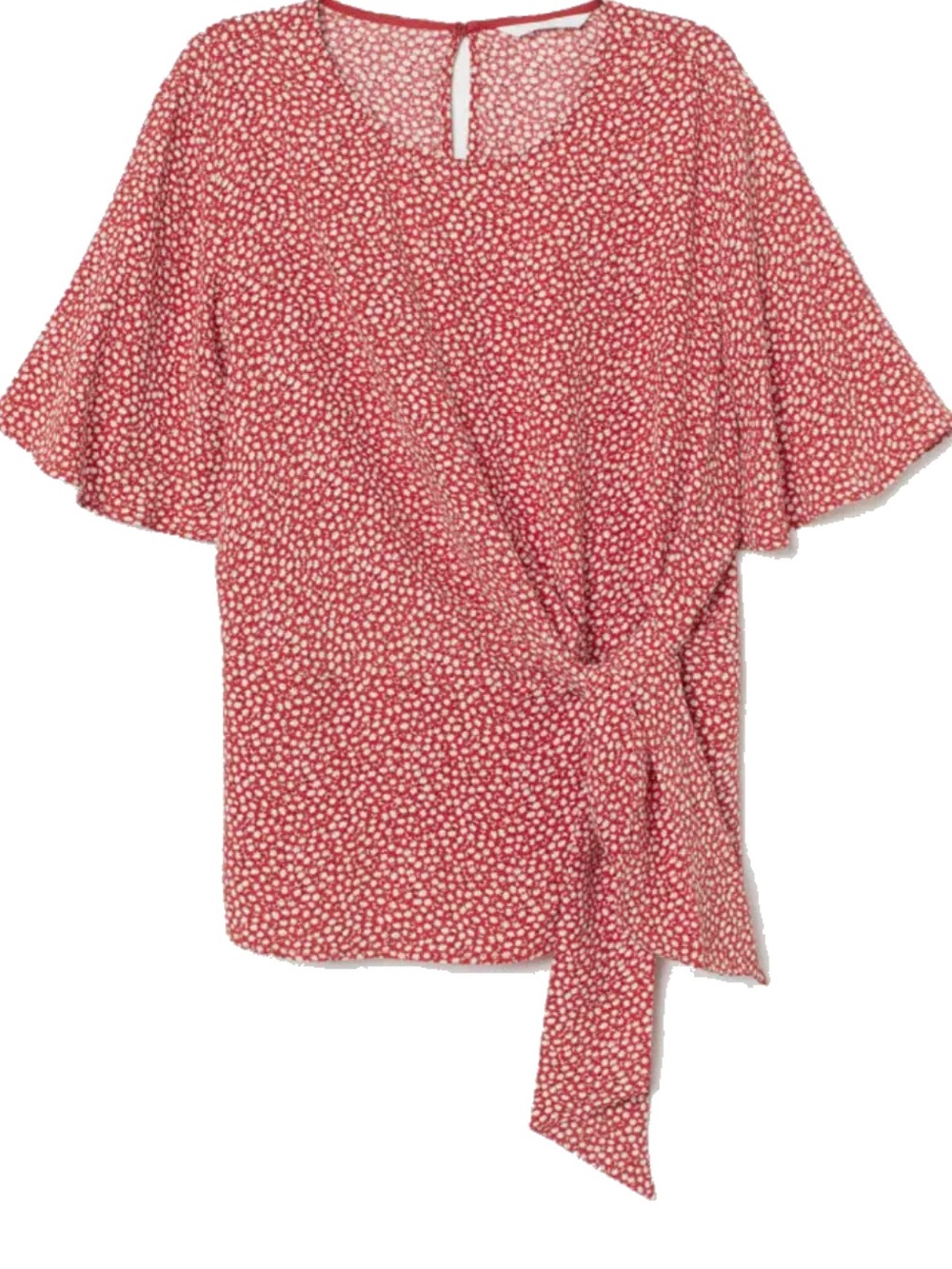 H&M red floral print tie-front blouse short ruffled sleeves size 2